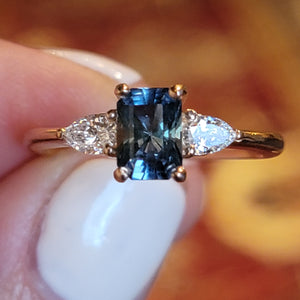 1.34 ct Emerald cut Parti Color Montana Sapphire .30 ctw Pear Shaped Diamonds Three Stone Ring 14K Rose Gold