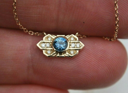 Top Blue Montana Sapphire Diamond Art Deco Pendant 4.2 mm .38ct 14K Yellow Gold